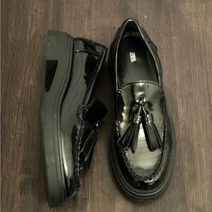 Zara Glossy Black Loafers with Tassels